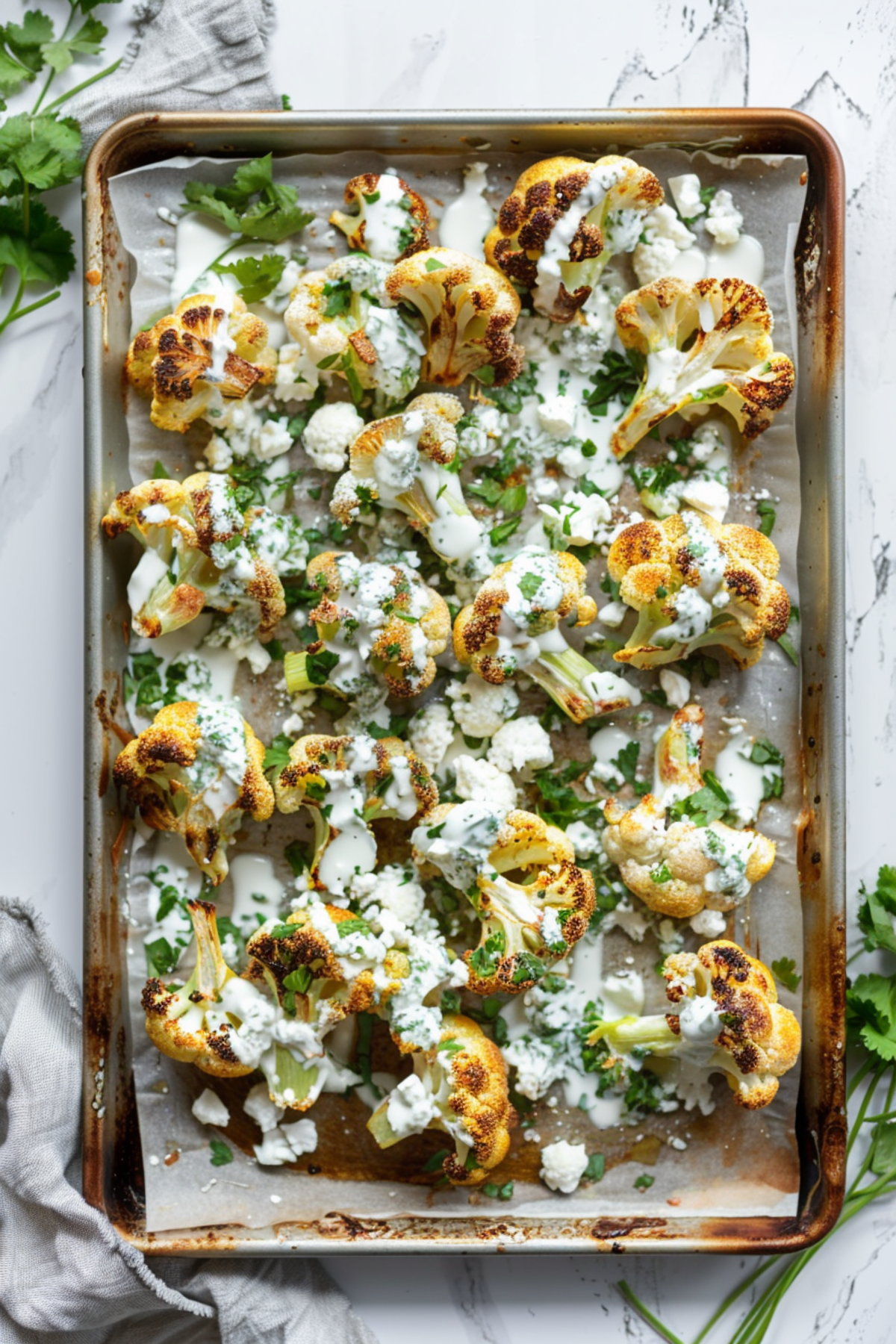 greek style roasted cauliflower drizzled with yogurt sauce on a baking tray