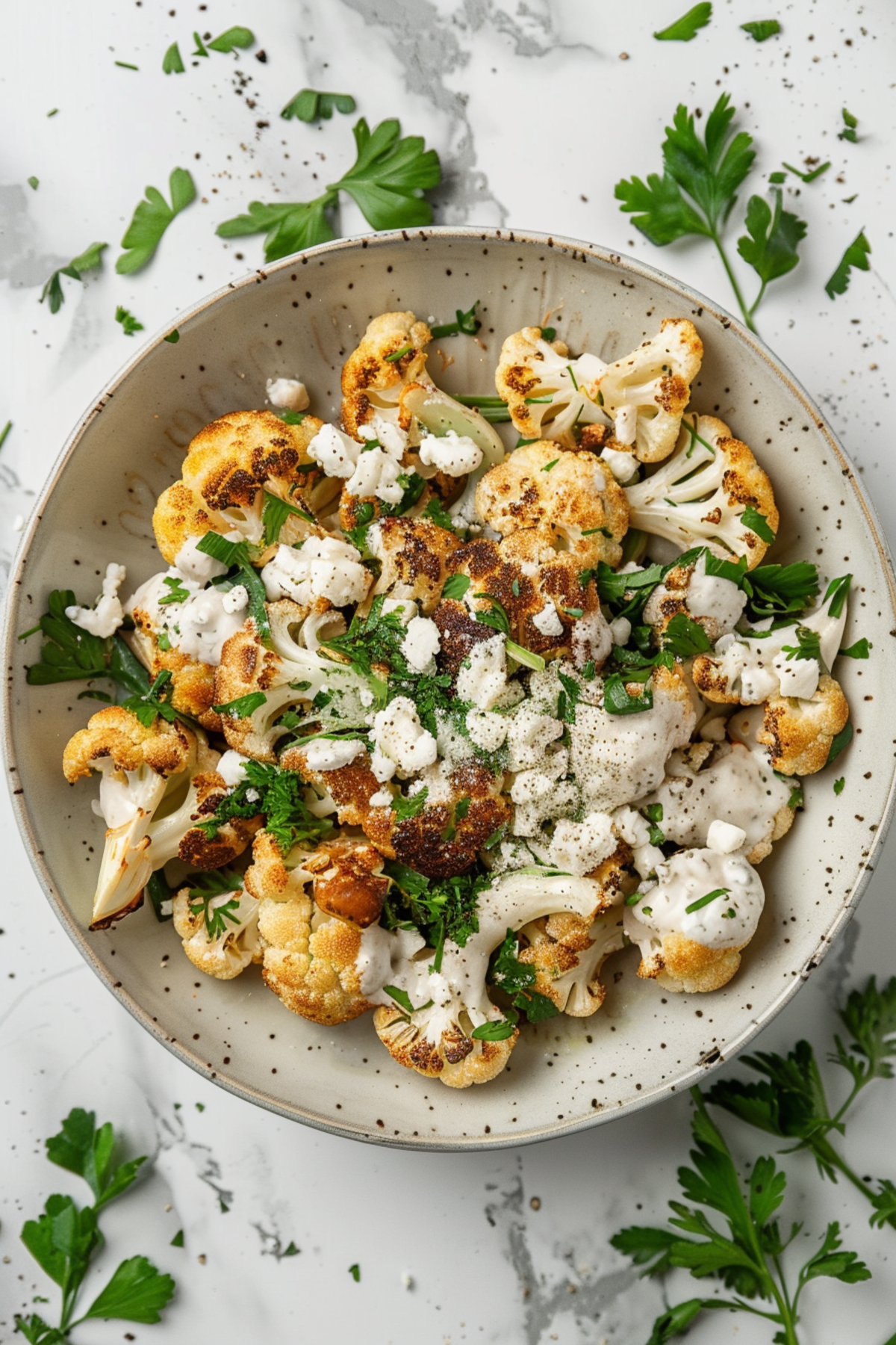 Roasted Street Styled Greek Cauliflower in a bowl drizzled with creamy sauce