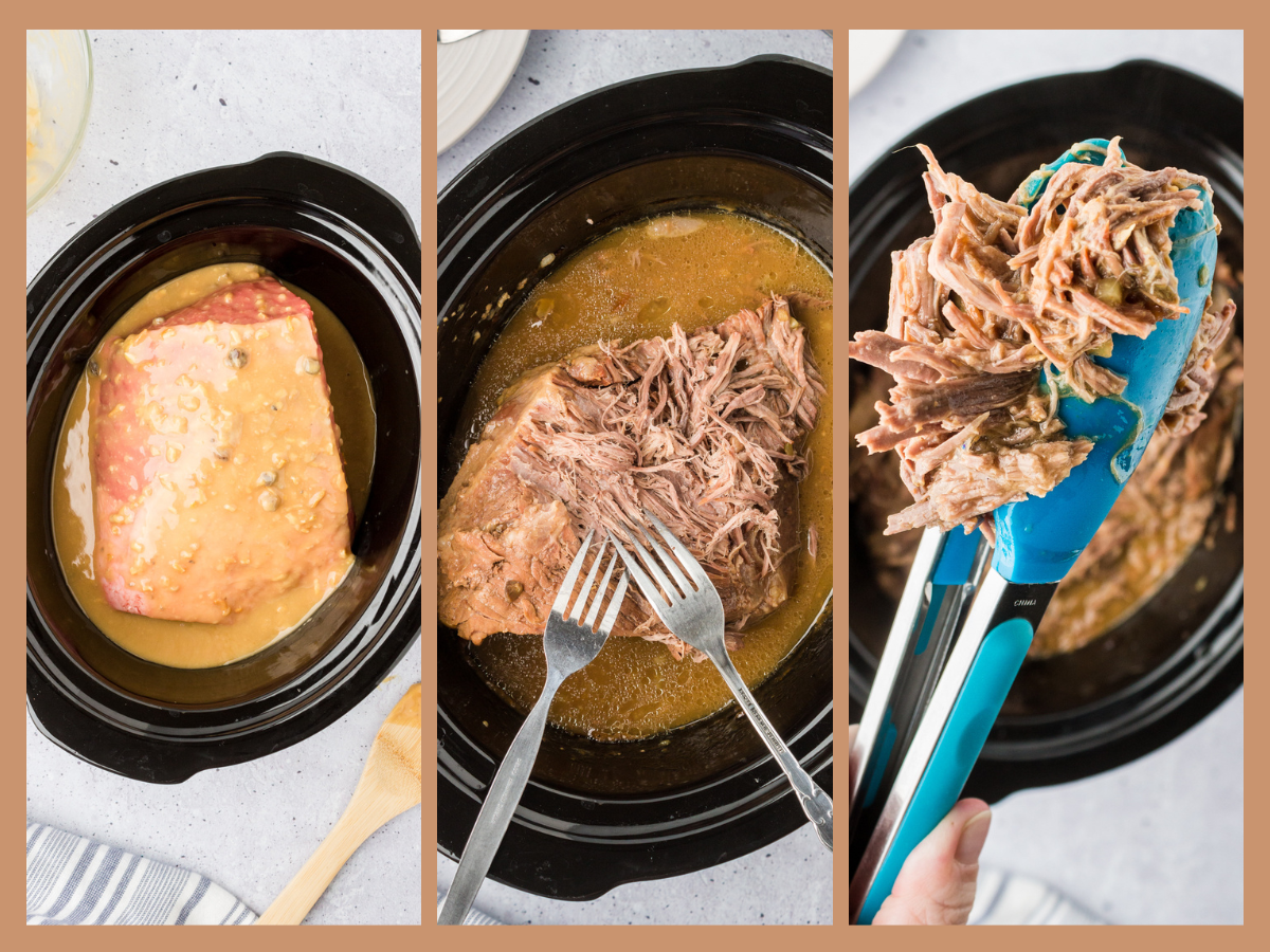 using forks to shred the cooked pot roast