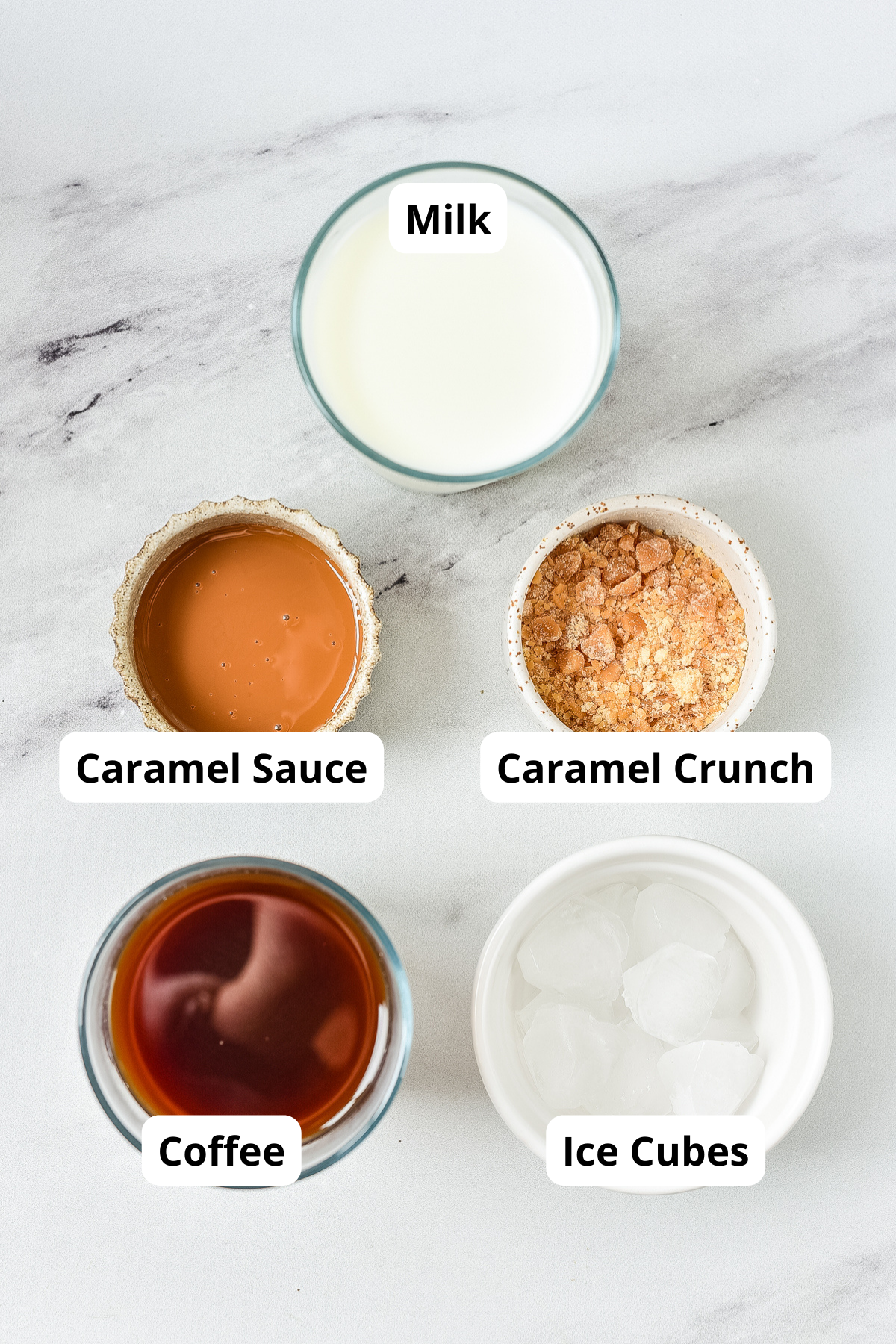 ingredients to make this copycat starbucks Caramel Ribbon Crunch Frappuccino