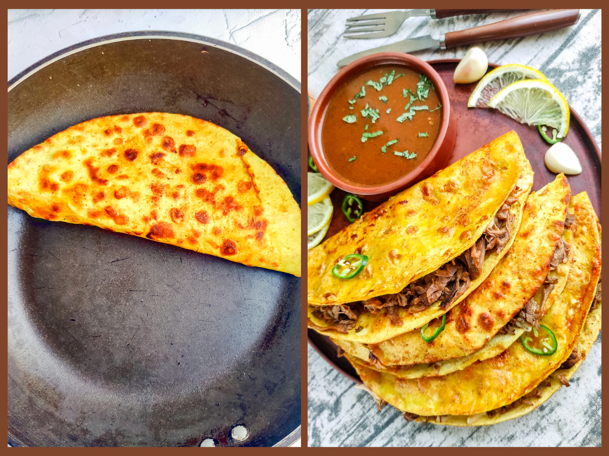 Frying the filled birria taco and serving it with the dipping sauce.