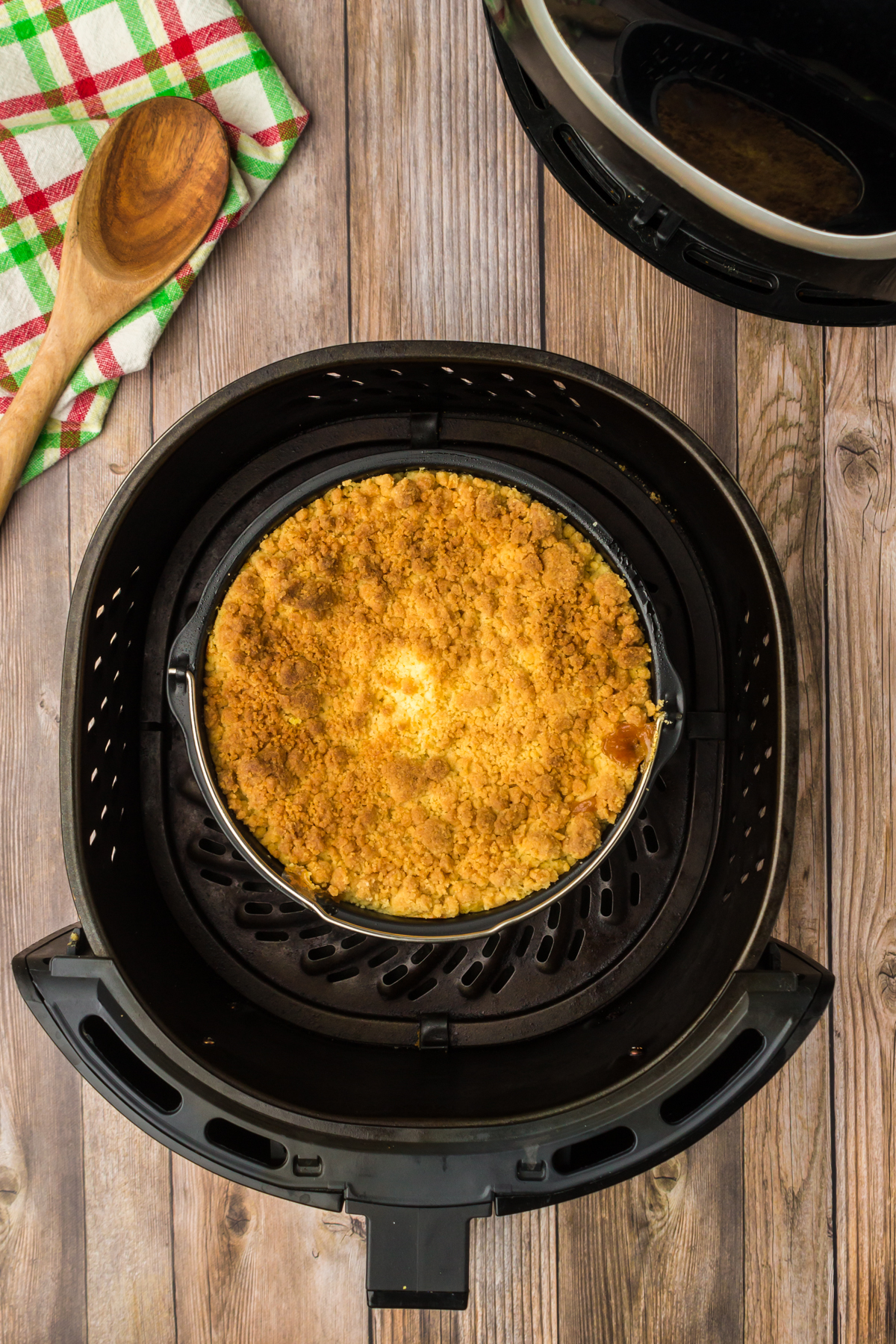 caramel apple dump cake in the pan in the air fryer