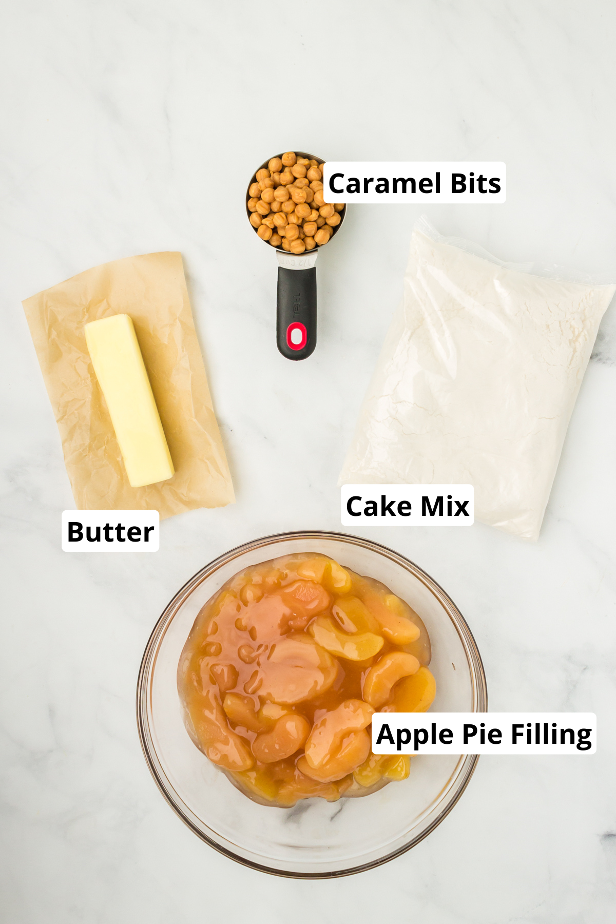 ingredients to make this air fryer caramel apple pie filling dump cake