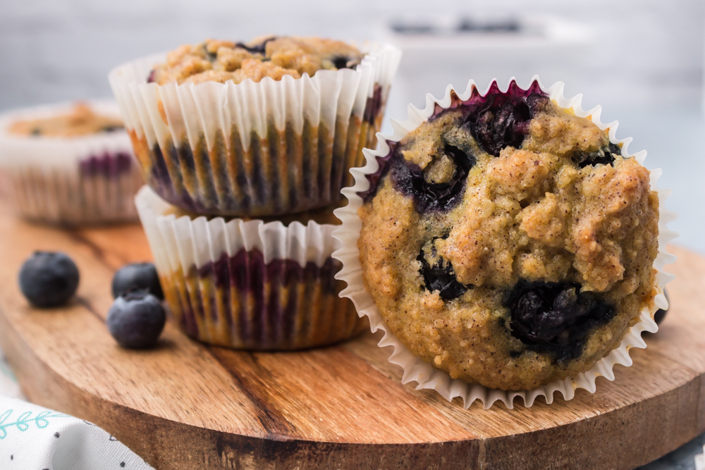 low carb blueberry muffins on a cutting board