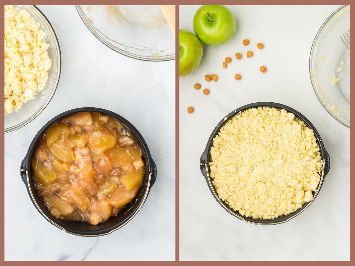 topping the caramel apple mixture in the baking pan with the cake mixture.