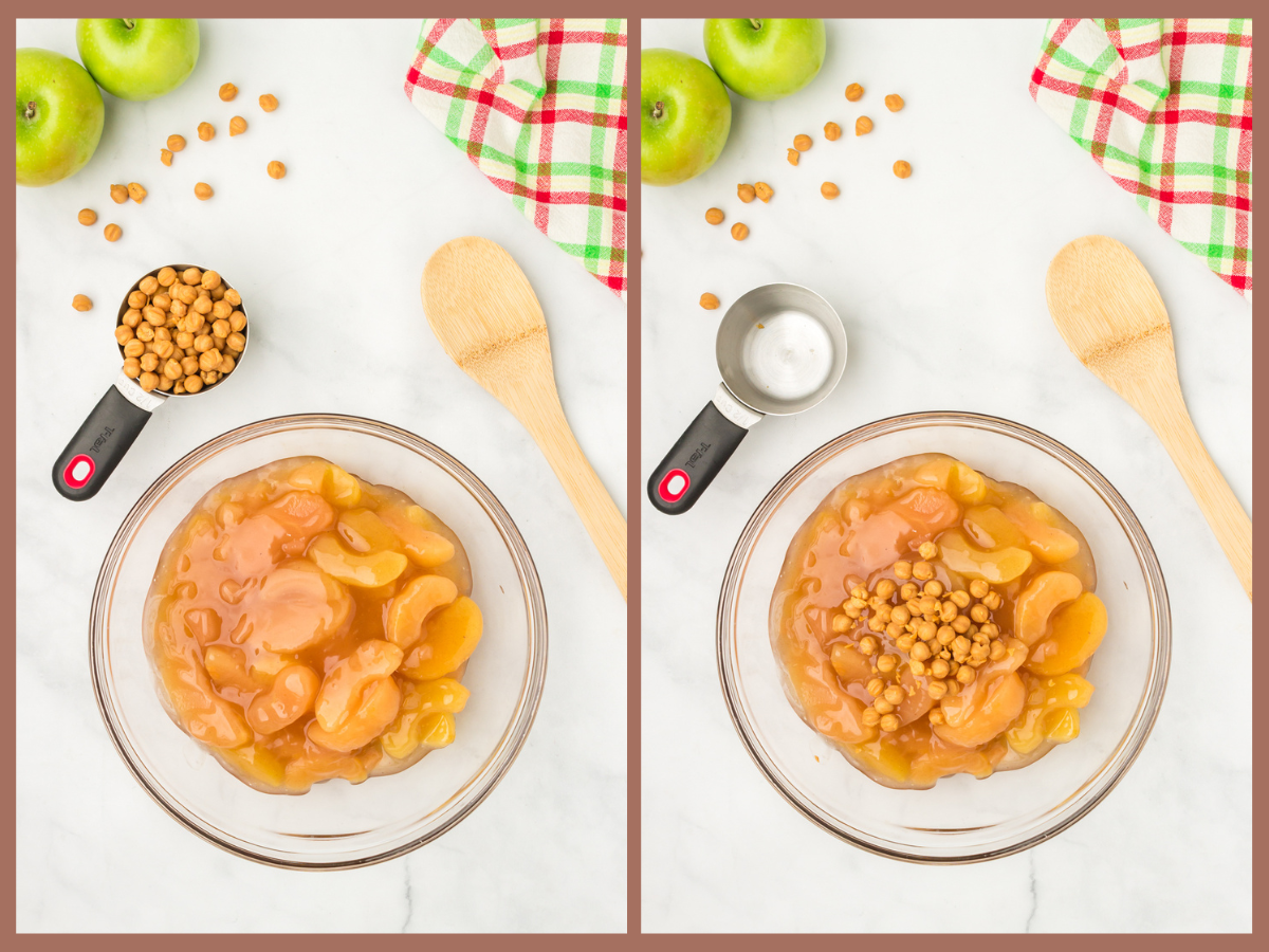 caramel bits being stirred into a bowl full of apple pie filling