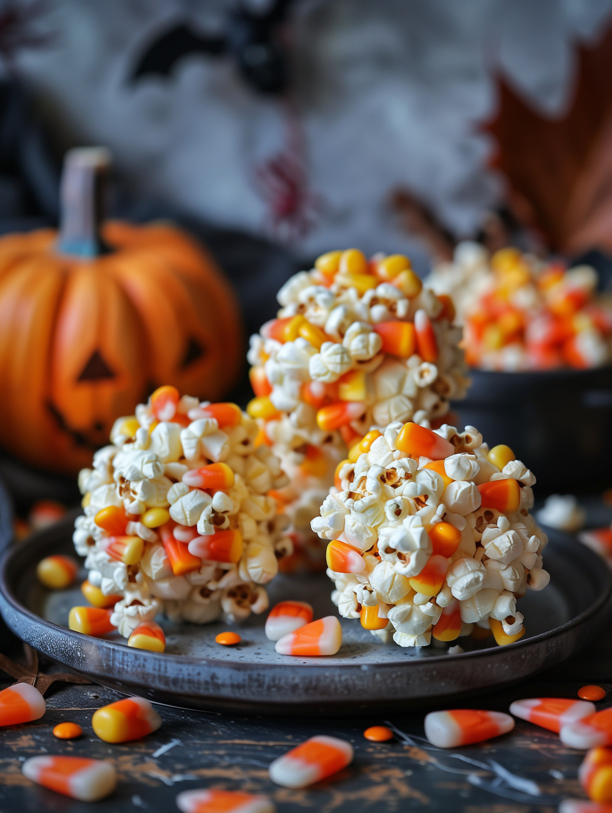 Halloween popcorn balls with candy corn