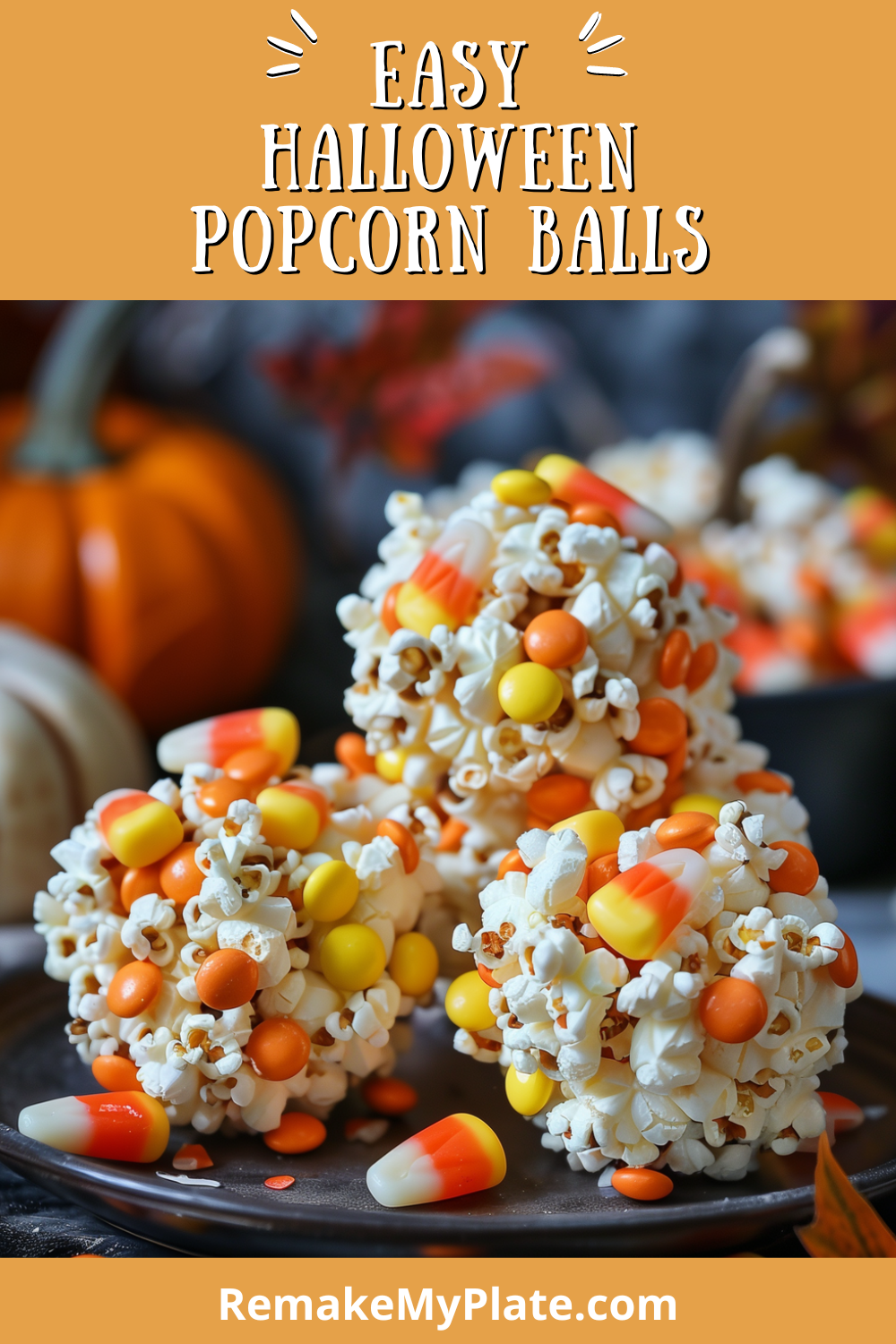 image for pinterest pin for easy halloween popcorn balls