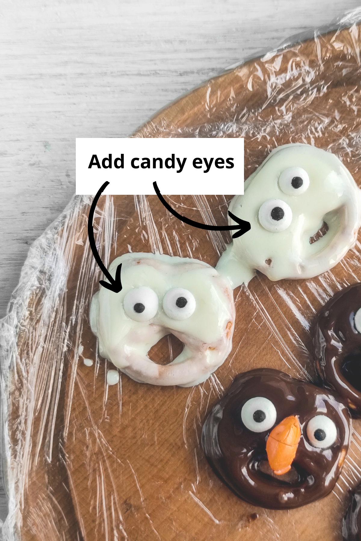 making chocolate-covered pretzel ghost halloween pretzels and owls