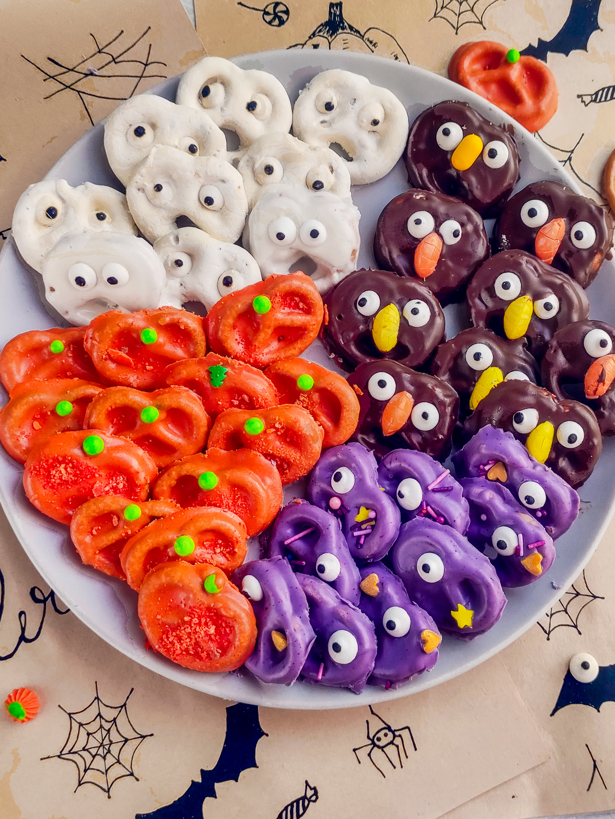 Chocolate-dipped pretzels are fun Halloween treats