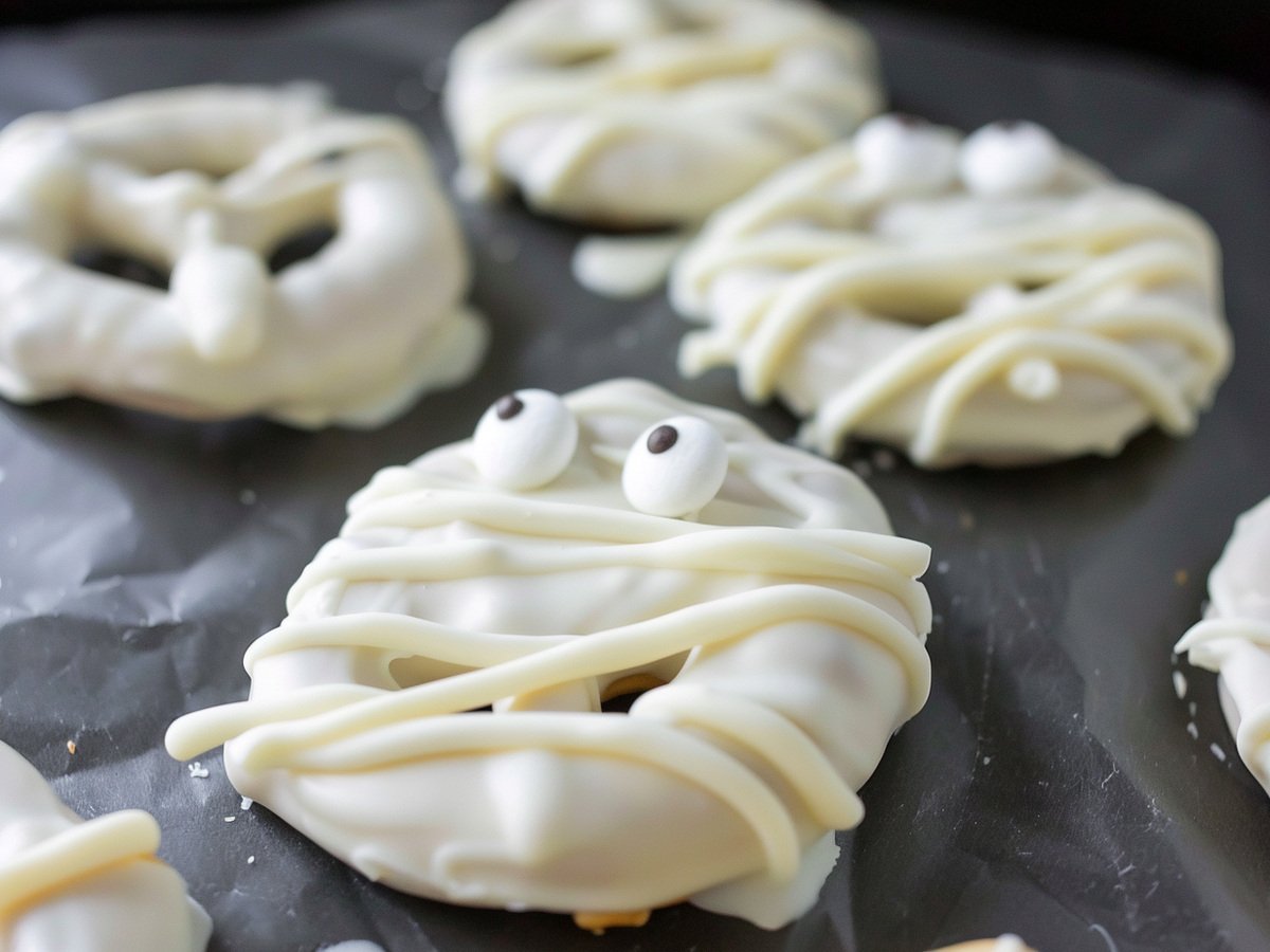 halloween mummy pretzels on parchment paper or wax paper on a cookie sheet