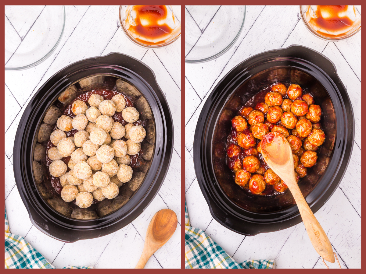 mixing in frozen meatballs into the sauce