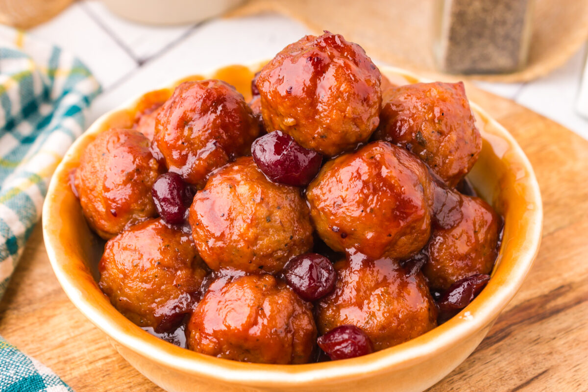 3-ingredient slow cooker cranberry meatballs in a bowl