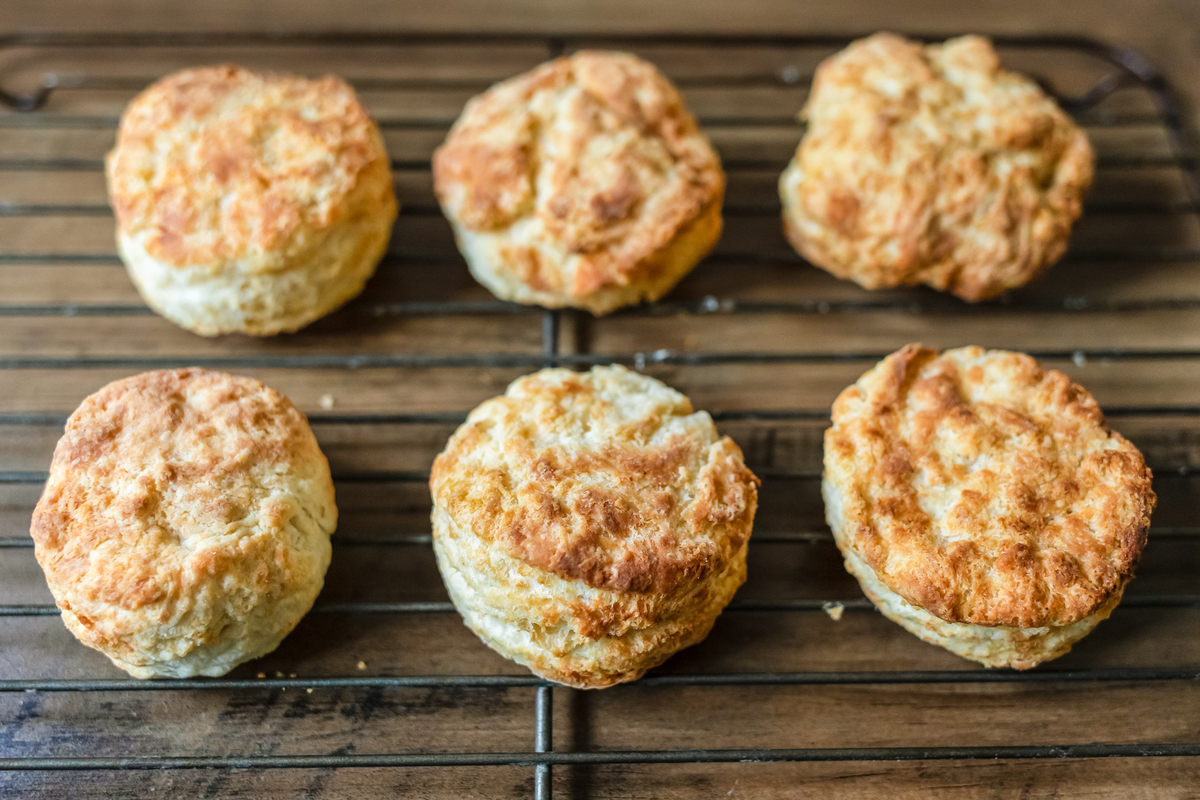 air fryer homemade buttermilk biscuits on a wire rack