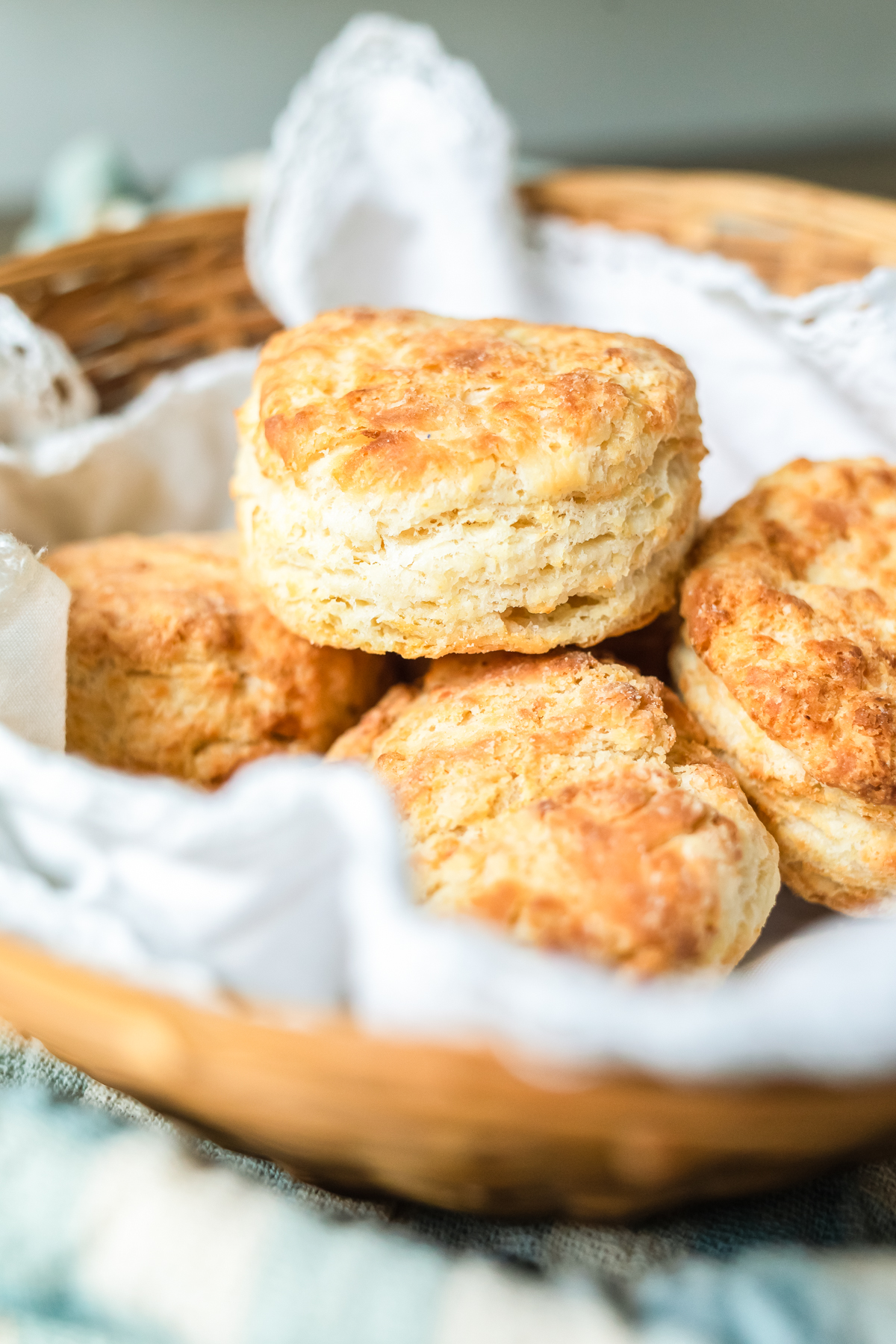 homemade biscuits made in the air fryer placed in a serving basket