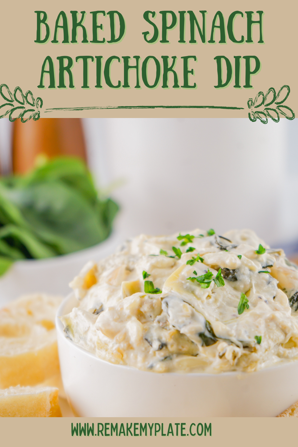 baked spinach artichoke dip made with no mayo pinterest pin