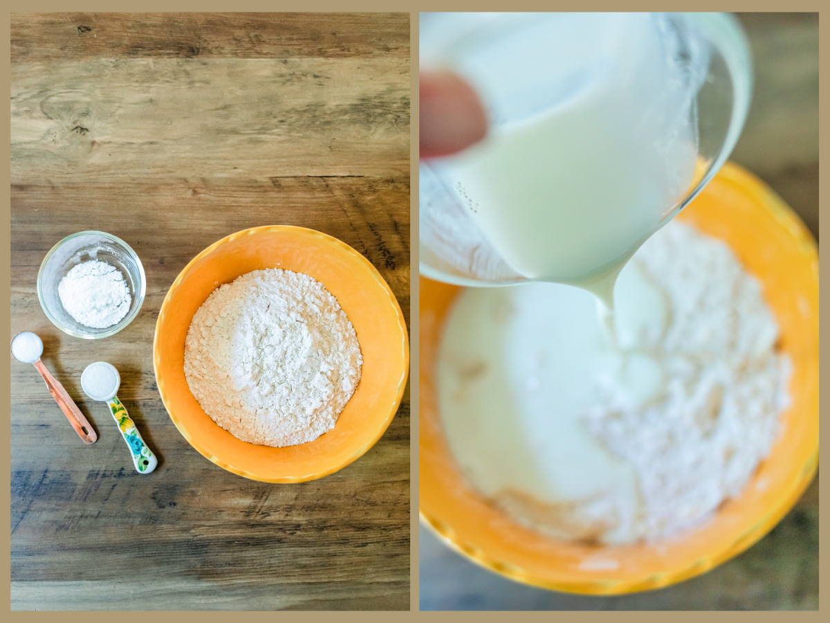 mixing milk into flour mixture to make air fryer biscuits