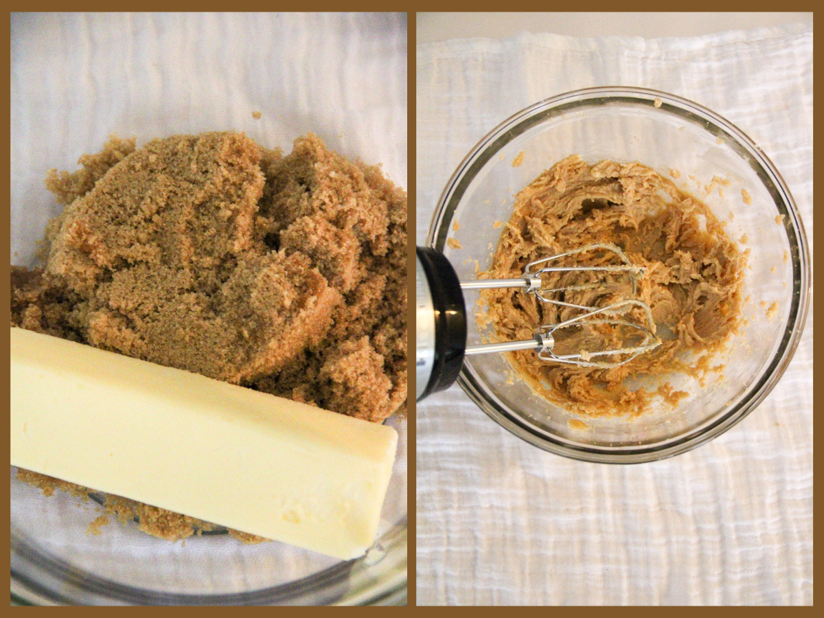 creaming the butter and brown sugar together to make peanut butter banana cookies