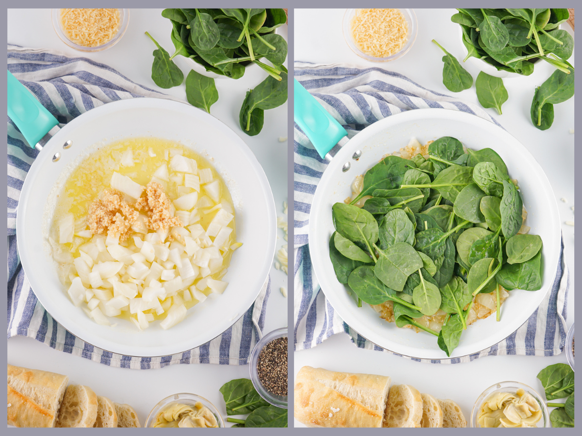 Cooking the onions, garlic and spinach in butter to make this homemade spinach artichoke dip