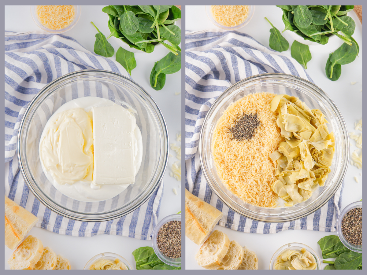 Mixing the cream cheese, sour cream, yogurt, cheese and artichoke together. 