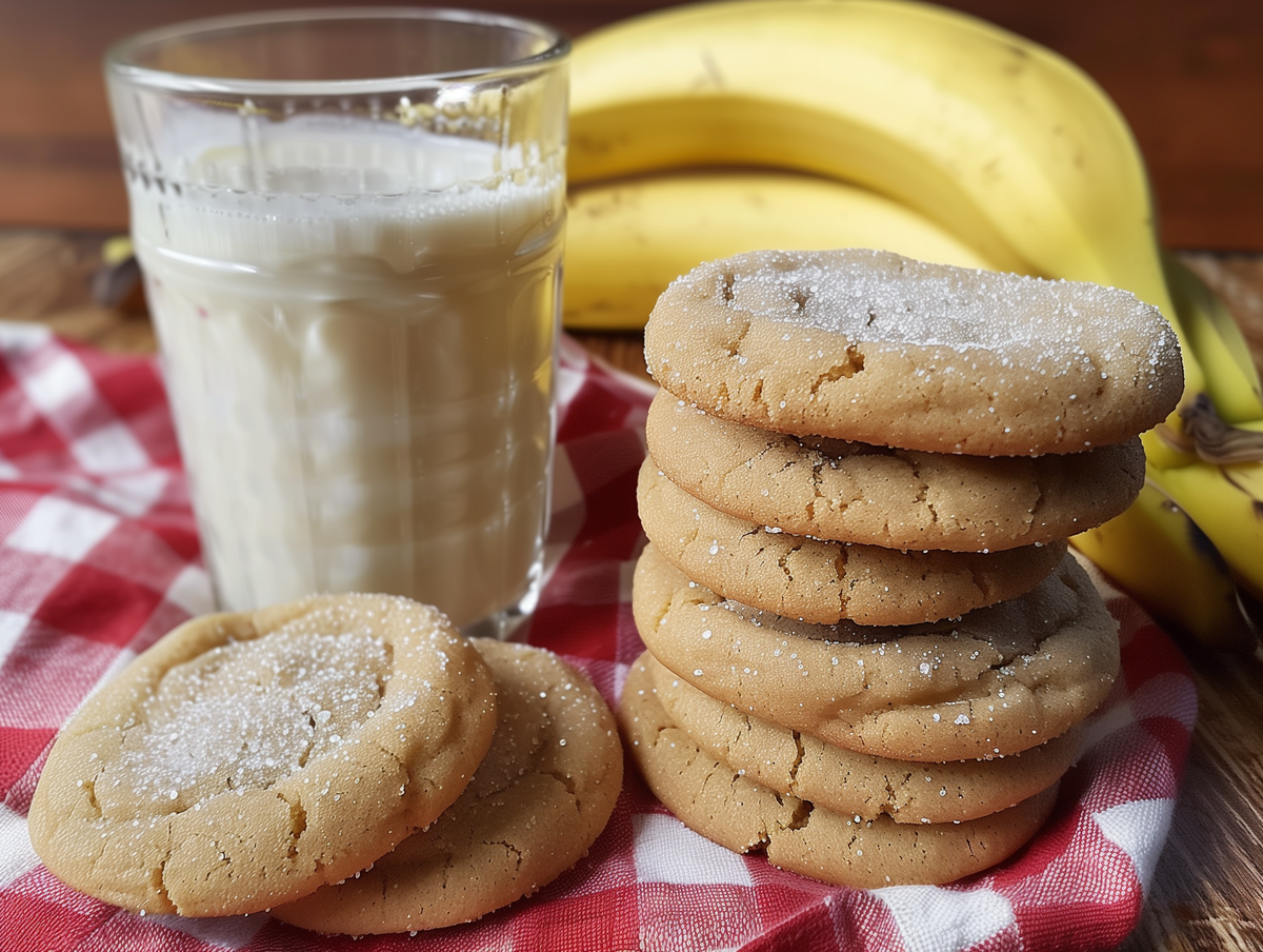 healthy peanut butter banana cookies next to a glass of milk