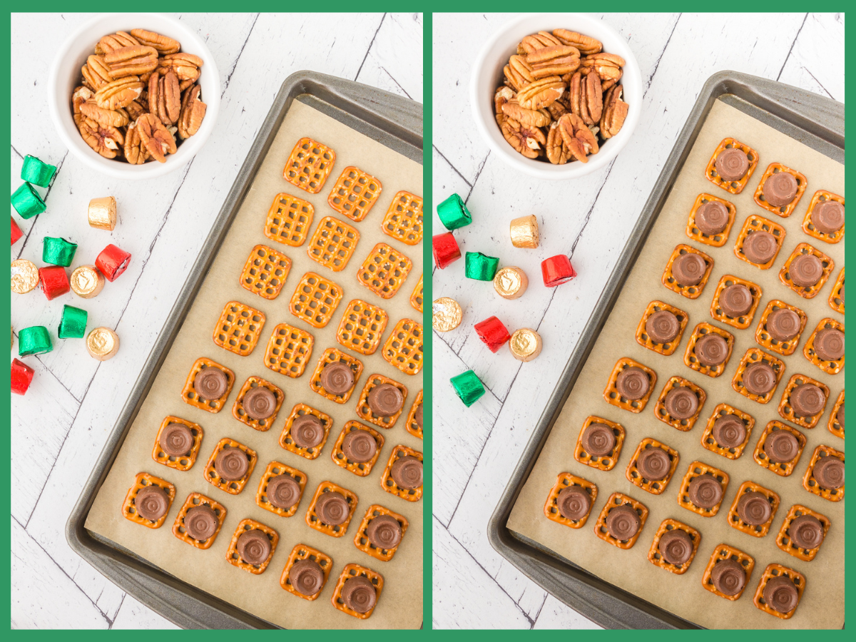 placing the pretzels on the baking sheet and topping with unwrapped rolo candies