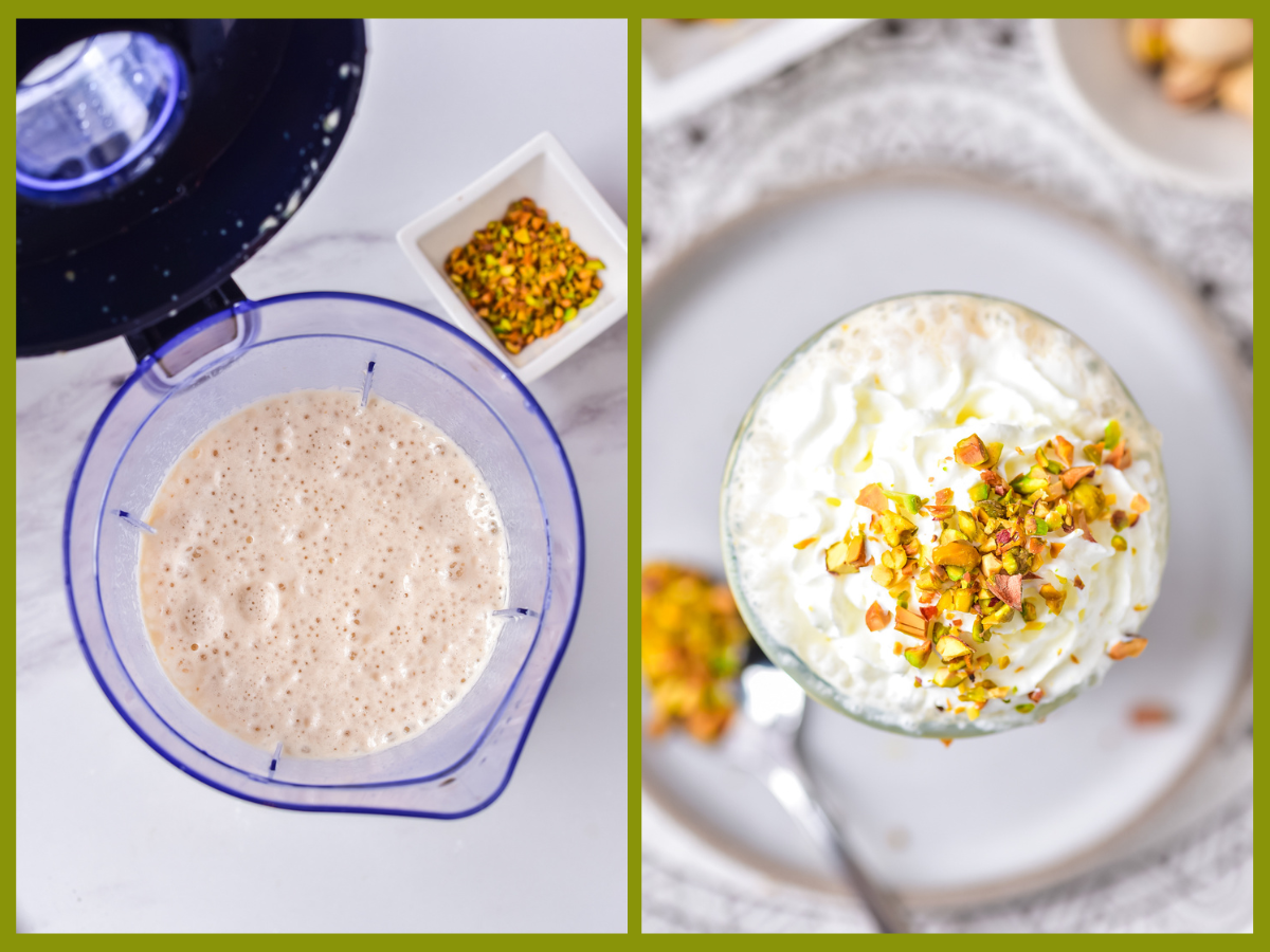 topping the pistachio latte with chopped pistachios