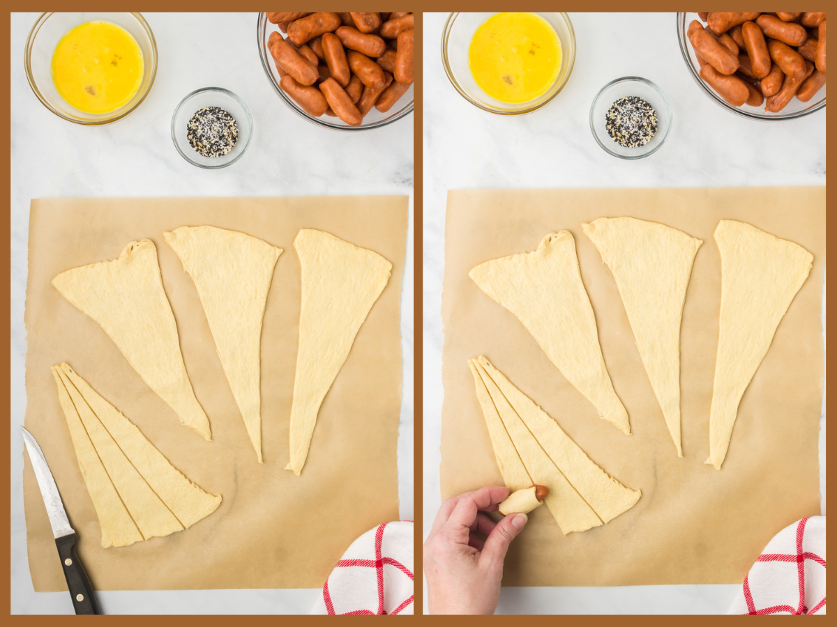 rolling the cocktail sausages in the crescent roll dough