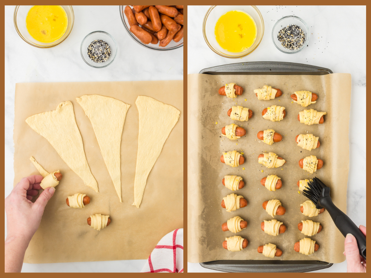 brushing egg wash on top of the pigs in a blanket