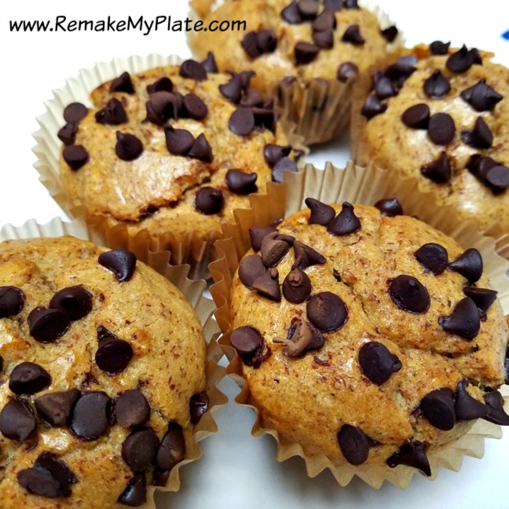 peanut butter chocolate chip low carb muffins on a plate