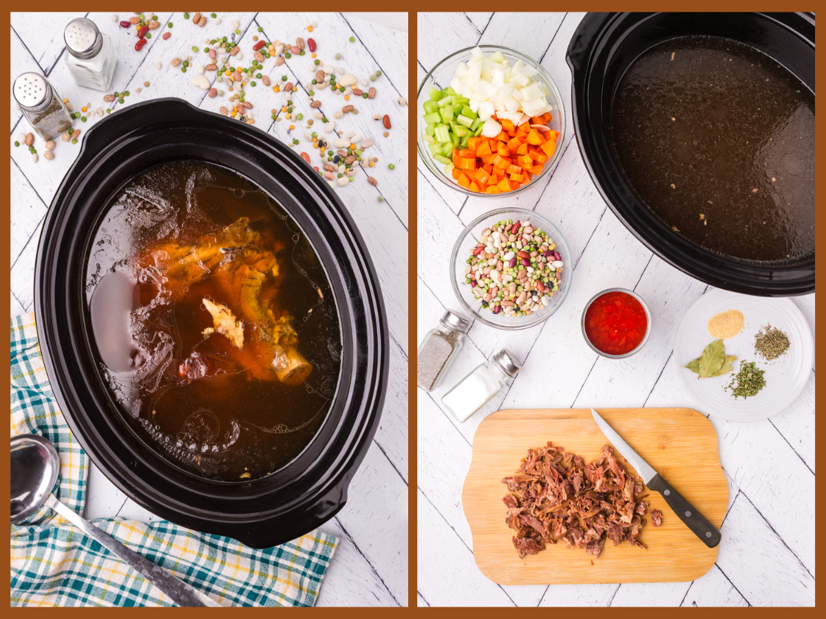 removing the meat from the ham bone or ham hock.