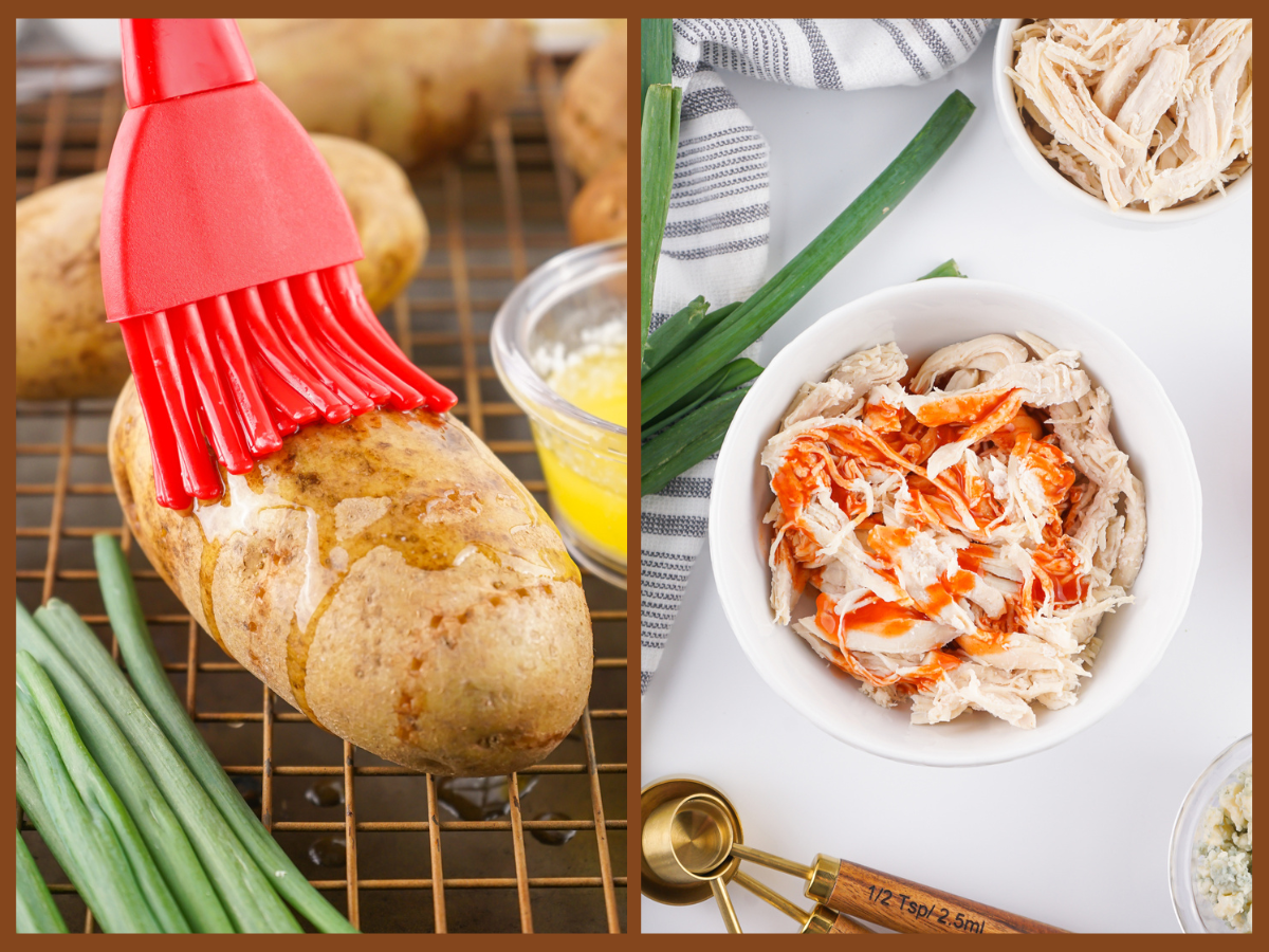 baking the potatoes and mixing up the buffalo chicken mixture