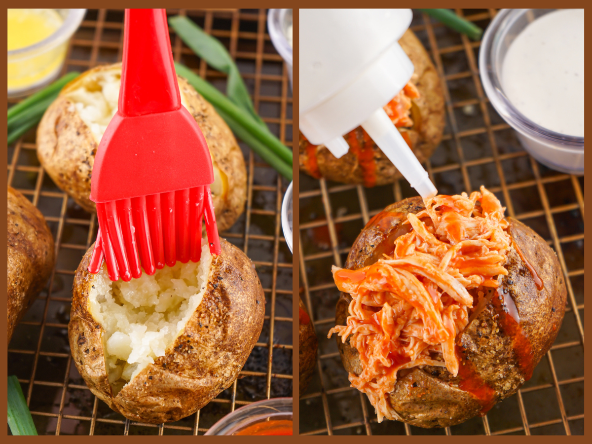 stuffing the baked potatoes with buffalo chicken mixture