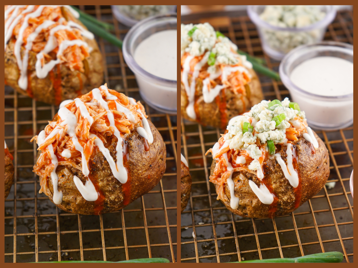 drizzling ranch dressing, blue cheese and sliced green onion on the stuffed baked potatoes