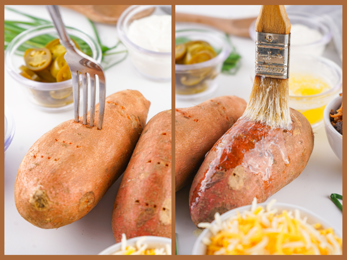 brushing melted butter on sweet potatoes before baking