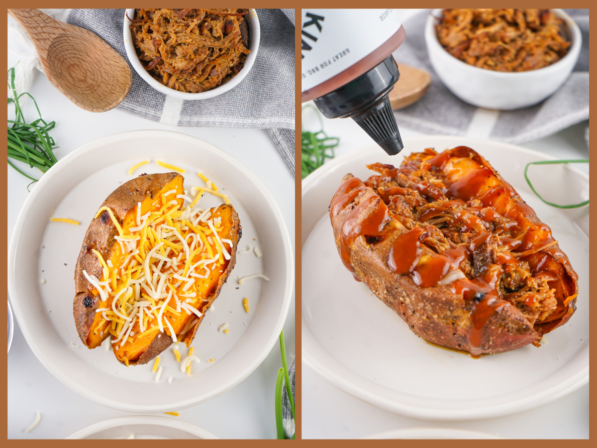 stuffing sweet potato with shredded cheese and BBQ pulled pork