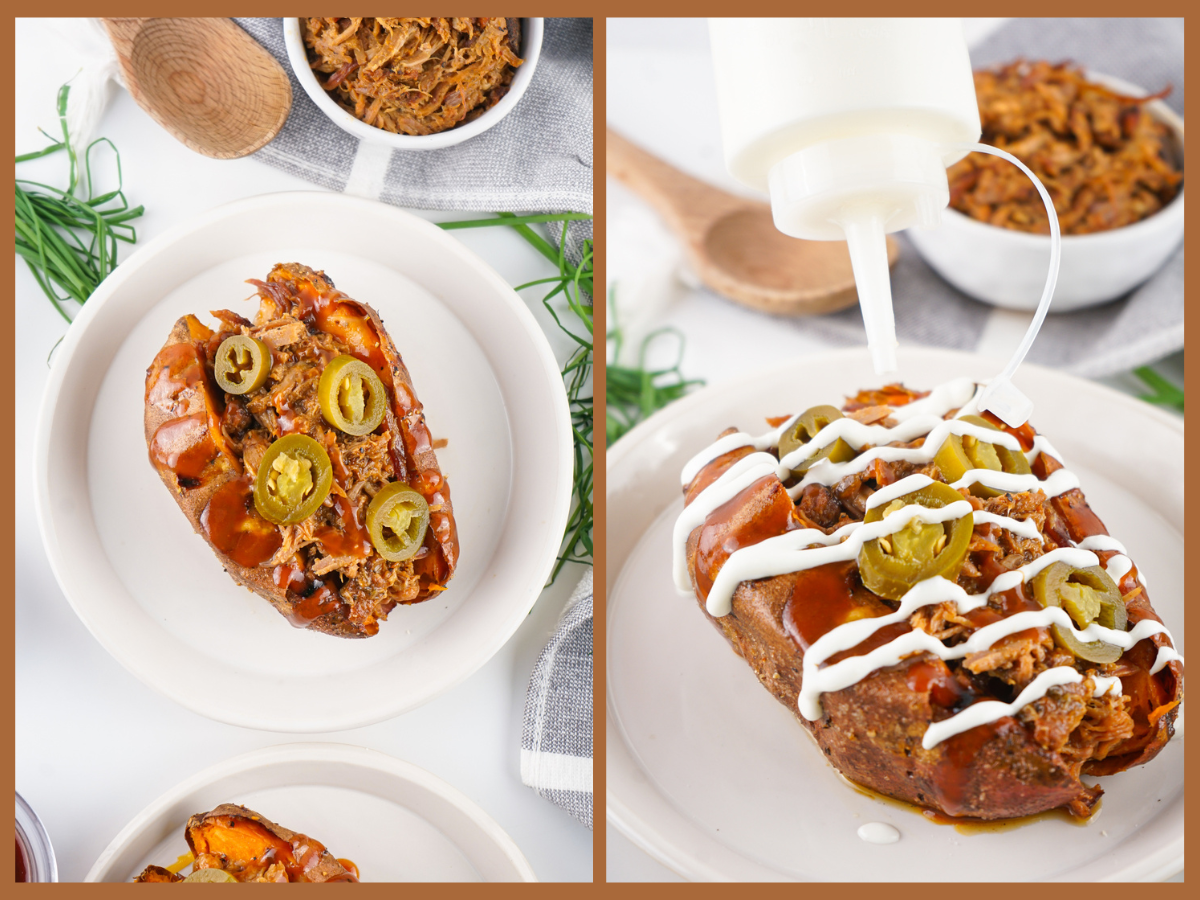 topping stuffed baked sweet potato with BBQ sauce, jalapeno slices and sour cream