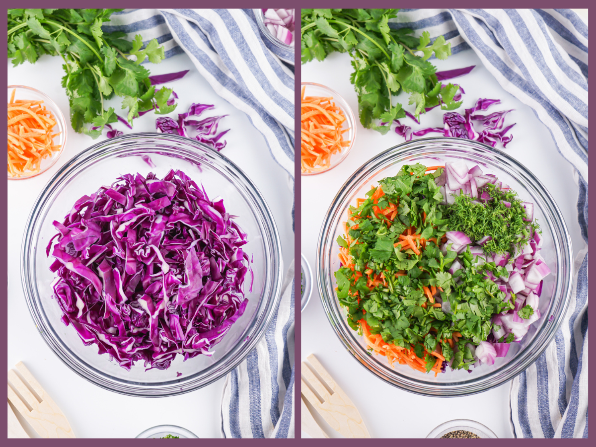 mixing the cabbage, carrots, onion, cilantro and fresh dill in a large mixing bowl