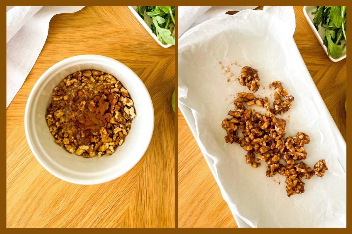 making the candied walnuts for this apple walnut salad