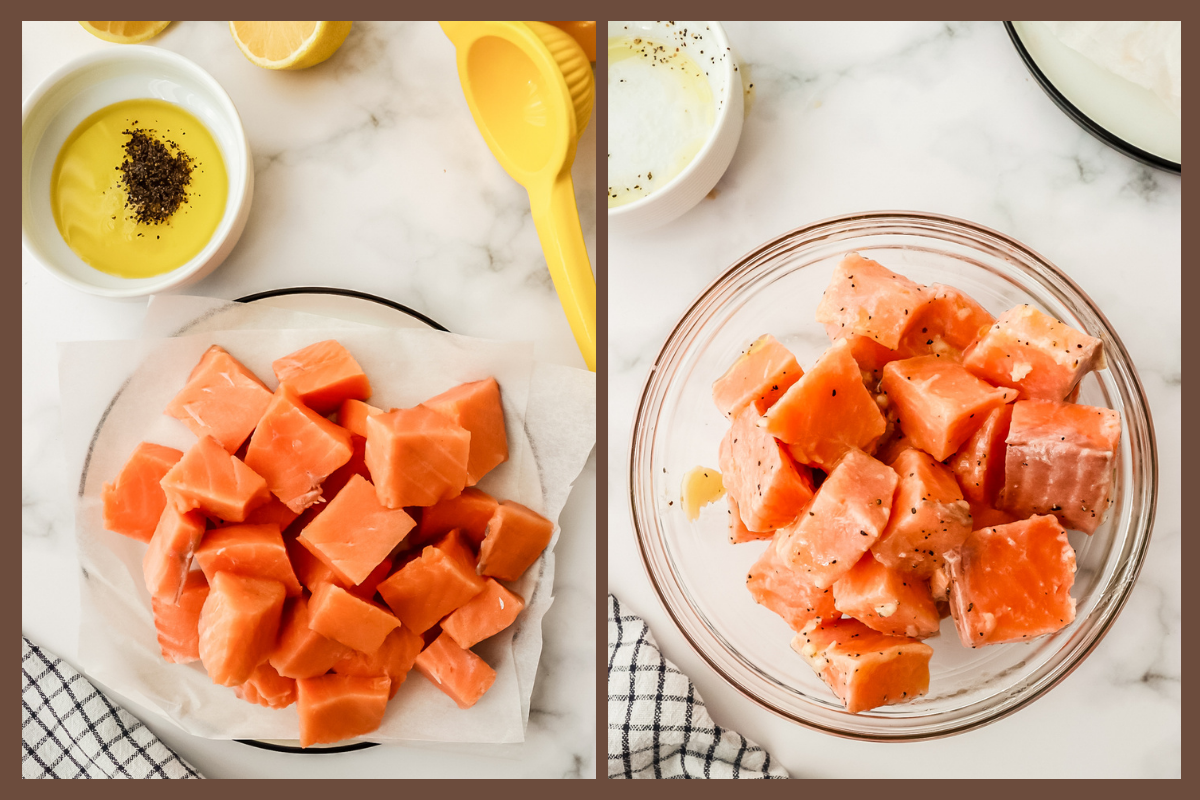 cubed salmon being mixed with olive oil, lemon juice and seasonings in a large bowl