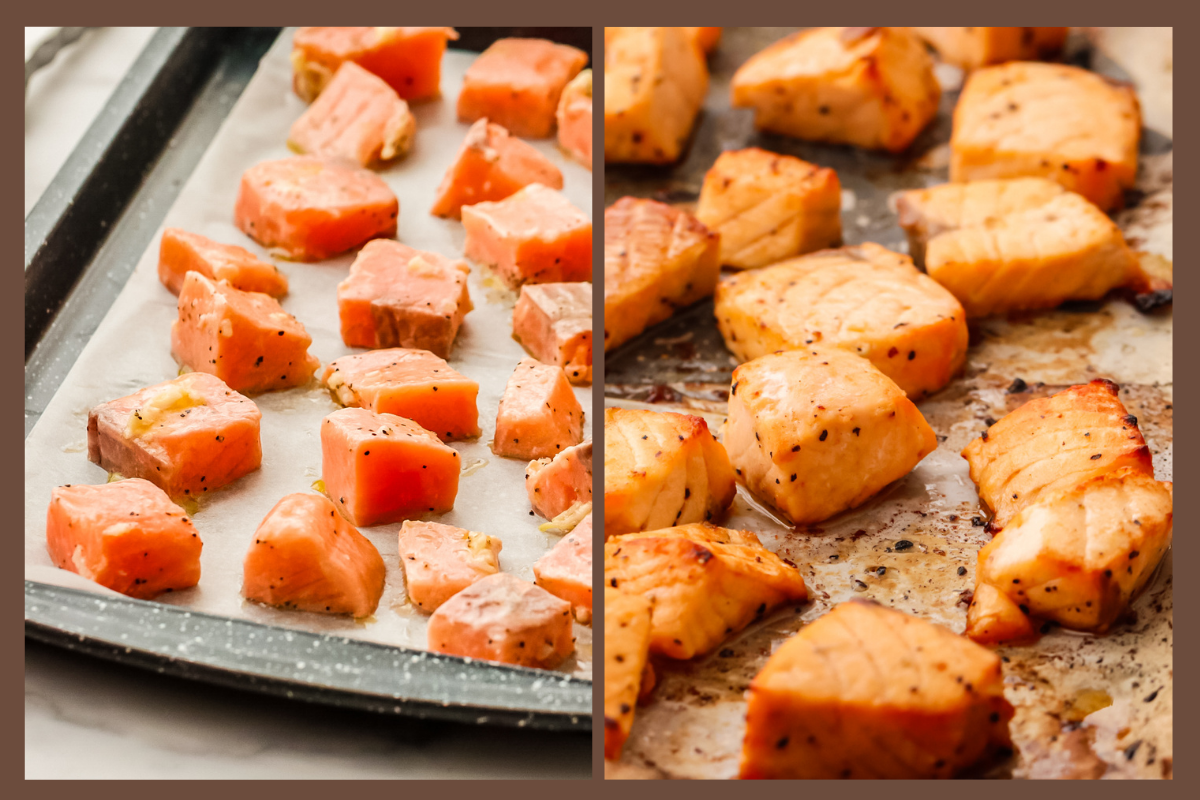 salmon cubes on a baking sheet