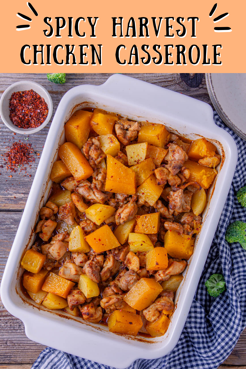 spicy harvest chicken casserole pin
