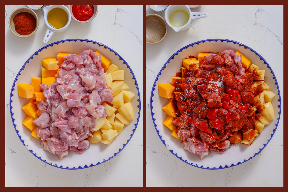combining diced pumpkin, potatoes, chicken and seasonings in a large bowl.
