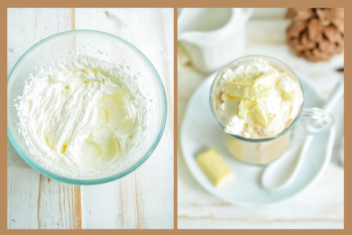 topping the white chocolate mocha with whipped cream