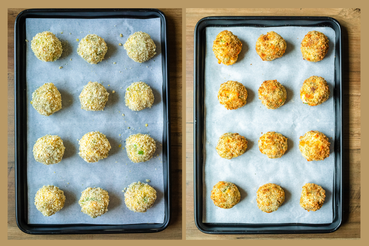 mashed potato balls on a baking sheet to be baked in the oven