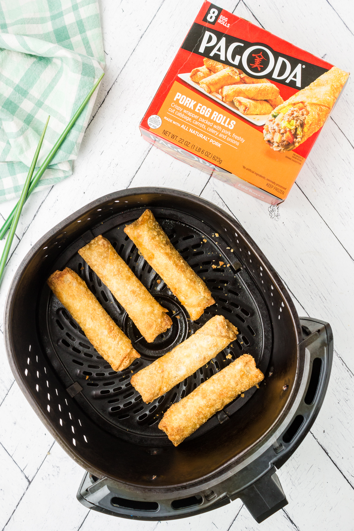 showing how to cook pagoda egg rolls in the air fryer