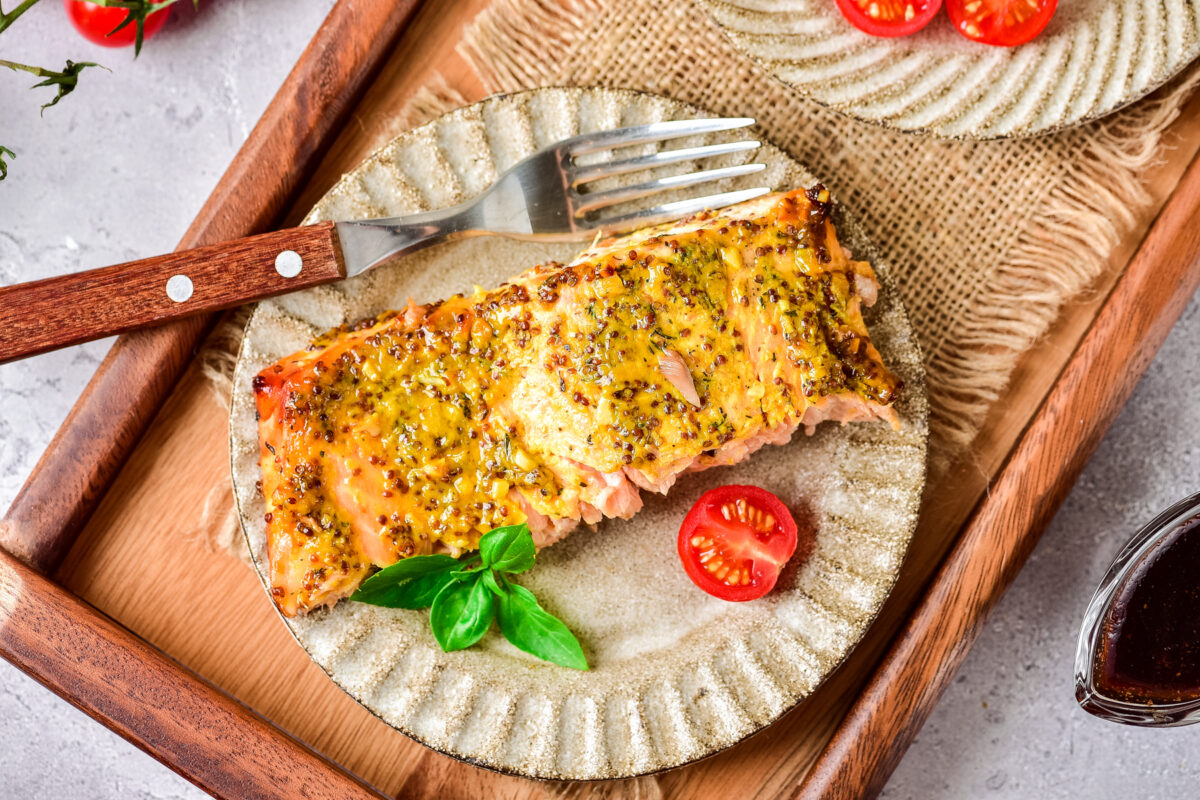 Baked honey mustard salmon on a plate
